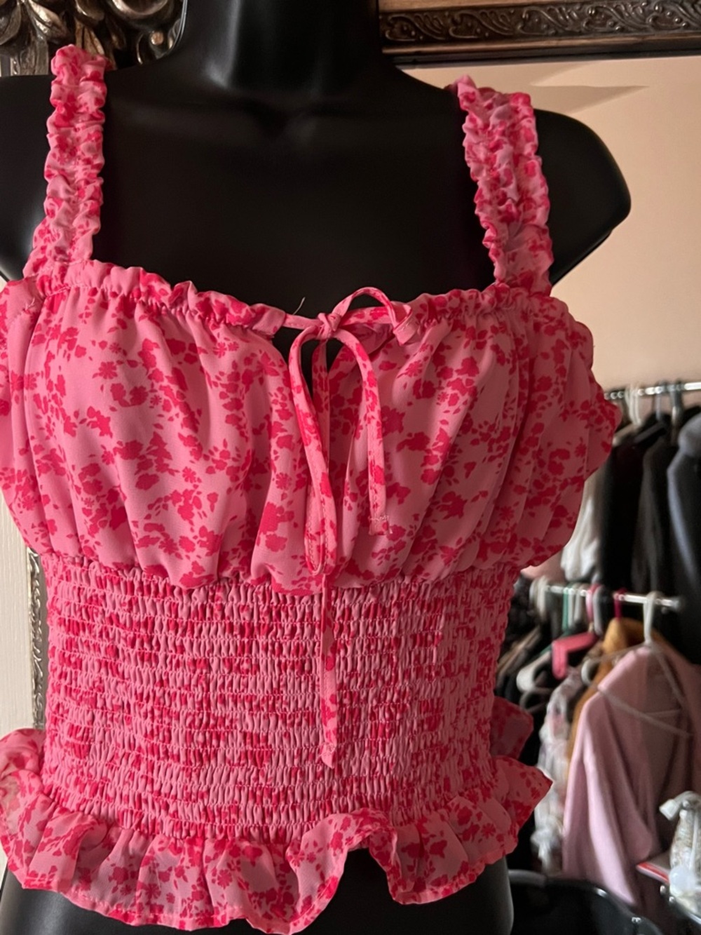 Rue21 Pink Floral Smocked Ruffle Crop Top